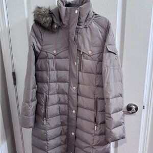 MICHAEL Michael Kors Gray Puffer Coat with Faux Fur Hood